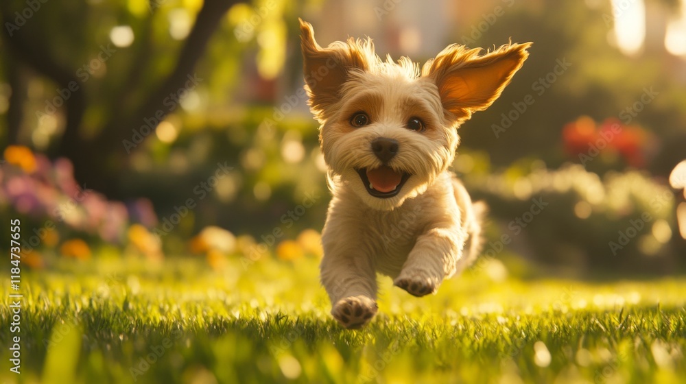 Poster A high-resolution image of a playful puppy running joyfully through a sunny park, with its ears flapping and a happy expression on its face.