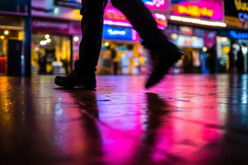 Lone figure strolls through a lively city square at night, silhouetted against colorful neon lights...