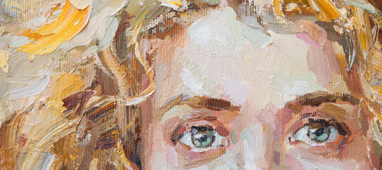 Cute beautiful girl holding her hair. Fragment of oil painting on canvas. .Portrait of a women with...