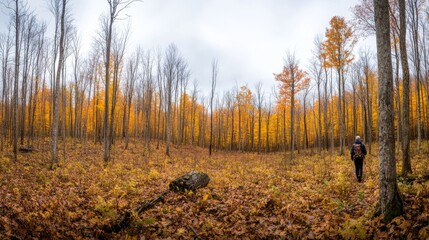 Fototapeta premium A tourist walks through a colorful autumn forest, enjoying the crunch of fallen leaves, surrounded by warm hues of orange and yellow in a peaceful atmosphere
