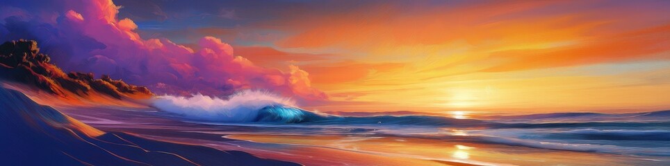 Sunset Ocean Dream: Vibrant digital painting of a breathtaking sunset over a dramatic ocean wave, showcasing surreal colors and textures.  A captivating scene of tranquility and wonder. 