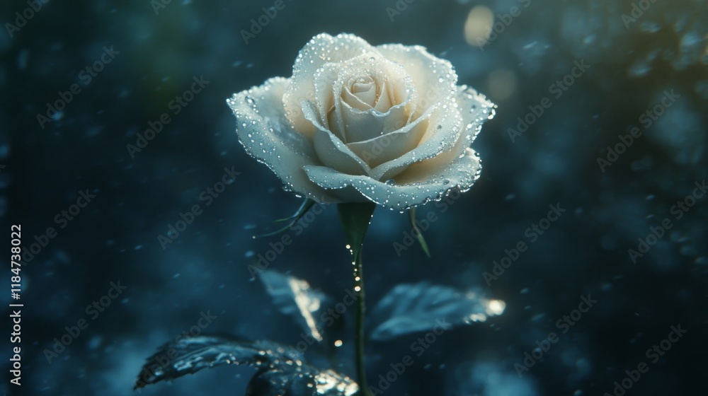 Poster A high-resolution image of a single blooming rose with tiny water droplets on its petals, creating a fresh and elegant look against a soft focus backdrop.