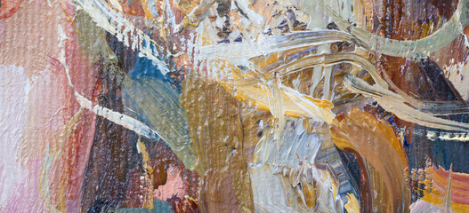 Embossed pasty oil paints and reliefs. Primary colors: ocher, white, red .  Abstract art.