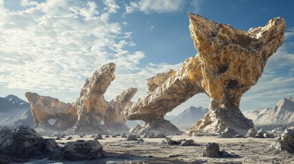 Alien landscape, towering rock formations, desert.