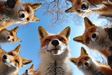 Obraz premium a group of foxes looks curiously at the camera. and behind them there is a bright blue sky and a joyful atmosphere. in the frame in a circle