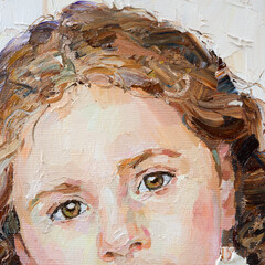 Fragment of an oil painting.  Portrait of a woman. The art is done in a realistic manner.