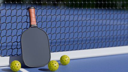 A pickleball paddle and balls are positioned near a net on a blue court, ready for play. 3d...