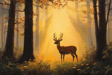 Majestic Deer in Autumn Forest with Soft Golden Light Background
