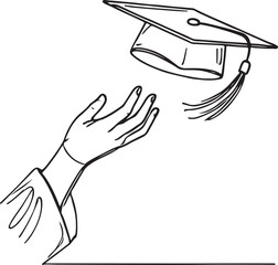 Graduation Celebration. Hand Tossing Cap Line Drawing Vector Art
