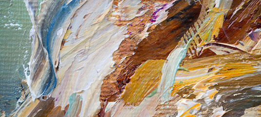 Embossed pasty oil paints and reliefs. Primary colors: ocher, white, red .  Abstract art.