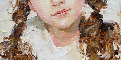 Fragment of an oil painting.  Portrait of a woman. The art is done in a realistic manner.