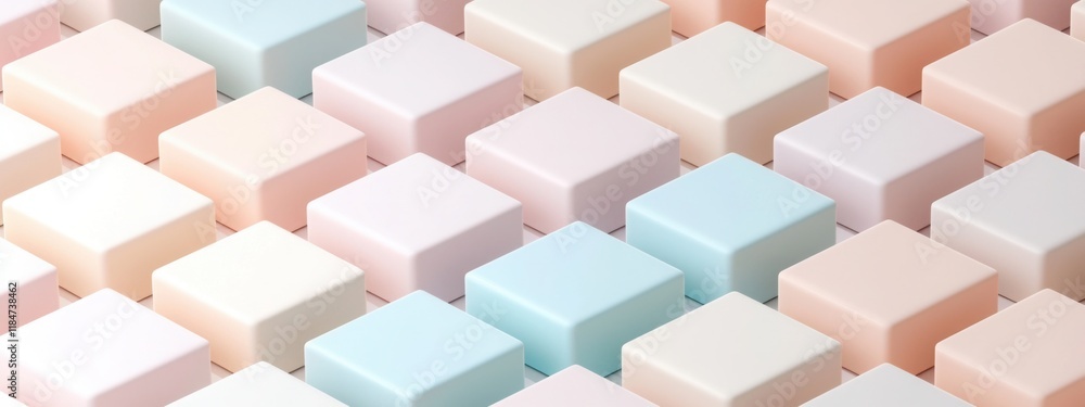 Poster a wide array of matte 3d cubes in pastel colors, arranged in a symmetrical grid