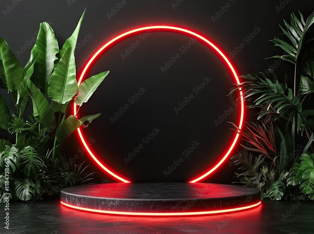 Poster a sophisticated 3d abstract background with a red and black podium, an empty backdrop, and a tree