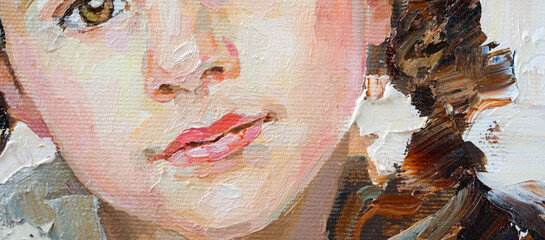 Fragment of an oil painting.  Portrait of a woman. The art is done in a realistic manner.