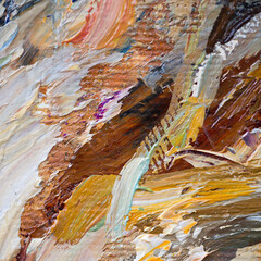 Embossed pasty oil paints and reliefs. Primary colors: ocher, white, red .  Abstract art.