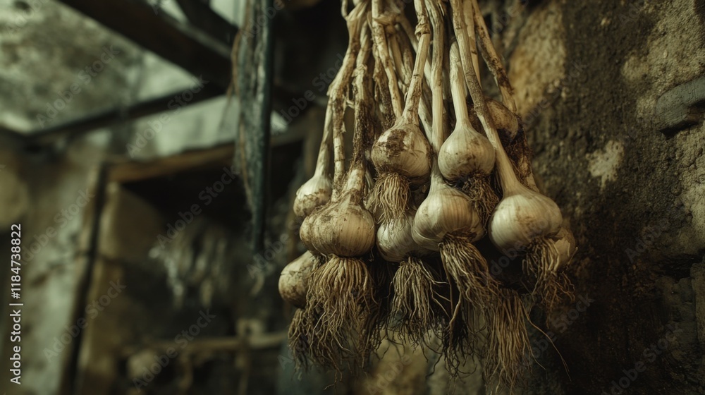 Poster a high-resolution image of garlic bulbs hanging in a bunch, with their roots and stems still attache