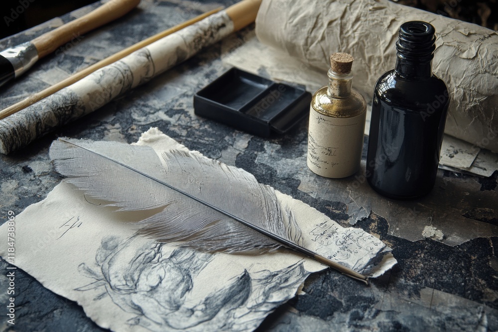 Poster Calligraphy tools arranged elegantly on a textured surface ready for artistic creation. Generative AI