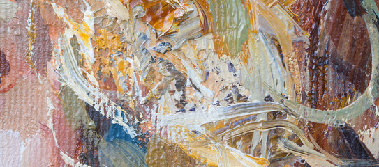 Embossed pasty oil paints and reliefs. Primary colors: ocher, white, red .  Abstract art.