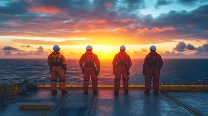 Four workers in protective gear standing on an offshore platform. They face a vast ocean stretching into the bright horizon. Maritime safety and teamwork. Vibrant and clear .illustration