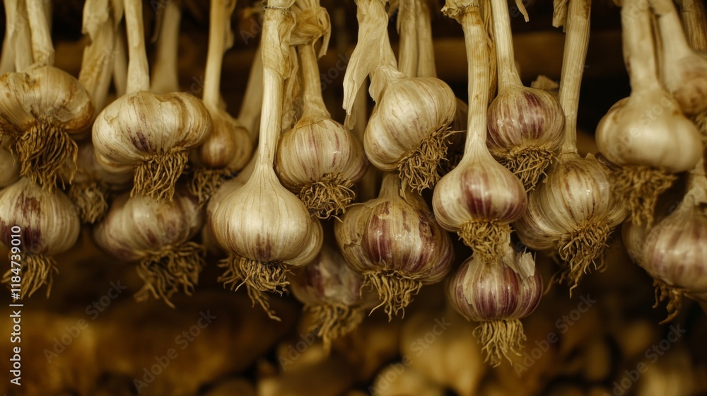 Poster a high-resolution image of garlic bulbs hanging in a bunch, with their roots and stems still attache