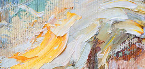 Embossed pasty oil paints and reliefs. Primary colors: ocher, white, red .  Abstract art.