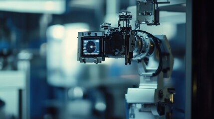 Fototapeta premium Robotic arm equipped with a digital interface and camera actively engaged in manufacturing within a modern industrial plant, highlighting automation and technological advancement