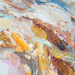 Embossed pasty oil paints and reliefs. Primary colors: ocher, white, red .  Abstract art.