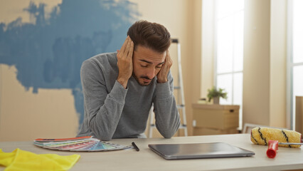 Young man in a living room looking stressed with paint roller, laptop, and color swatches,...