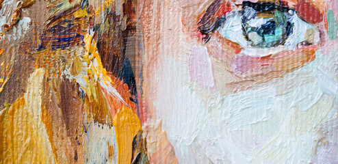 Cute beautiful girl holding her hair. Fragment of oil painting on canvas. .Portrait of a women with...