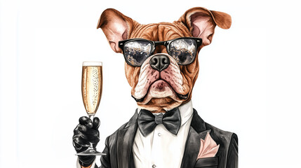 Fototapeta premium Bulldog dog wearing gloves with sunglasses and bow tie and champagne glass