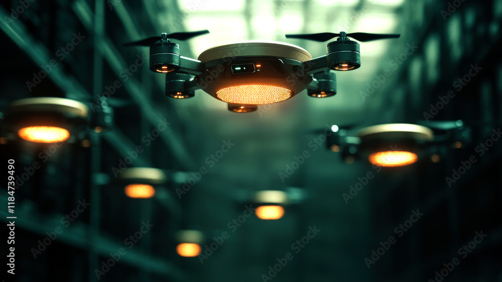 Poster a futuristic scene featuring illuminated drones navigating through a dimly lit warehouse.