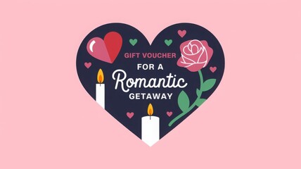 Gift voucher for a romantic getaway featuring heart design, candles, and flower on pink background