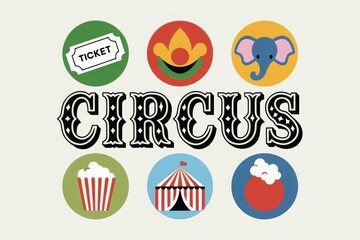 Fototapeta premium Fun and excitement at the circus with colorful icons representing tickets, elephants, popcorn, and more