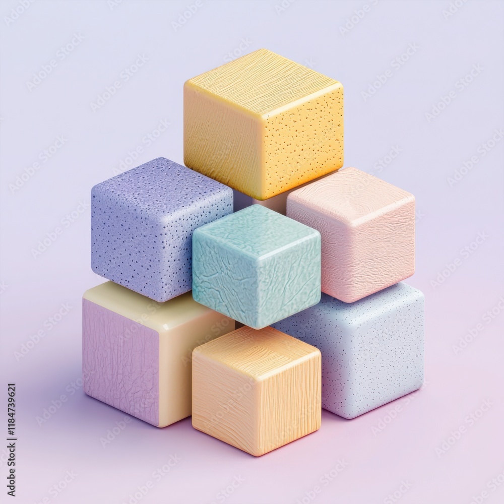 Poster an isometric view of colorful 3d cubes stacked unevenly, each with unique textures like glass