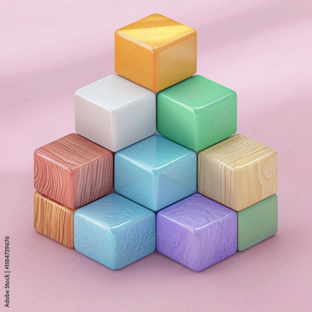 Poster an isometric view of colorful 3d cubes stacked unevenly, each with unique textures like glass