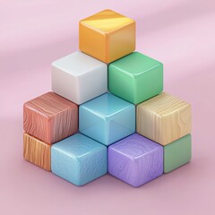 Fototapeta premium An isometric view of colorful 3D cubes stacked unevenly, each with unique textures like glass