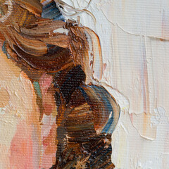 Embossed pasty oil paints and reliefs. Primary colors: ocher, white, red .  Abstract art.