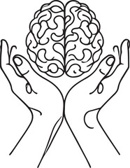 Two Hands Holding Brain Line Art Illustration