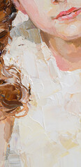 Fragment of an oil painting.  Portrait of a woman. The art is done in a realistic manner.