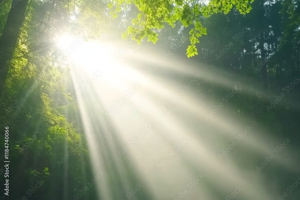 Aufkleber Sunlight softly filters through the trees in the woods, creating a mystical ambiance as mist envelops the forest floor, embodying tranquility and natural beauty