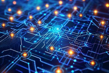 Obraz premium Visualizing the intricate flow of big data integrated with cyber blockchain technology on a complex circuit board design illuminating the digital realm of modern computing