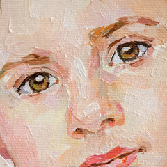 Fragment of an oil painting.  Portrait of a woman. The art is done in a realistic manner.