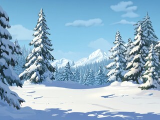 Fototapeta premium Snow Covered Pine Trees and Majestic Winter Mountains