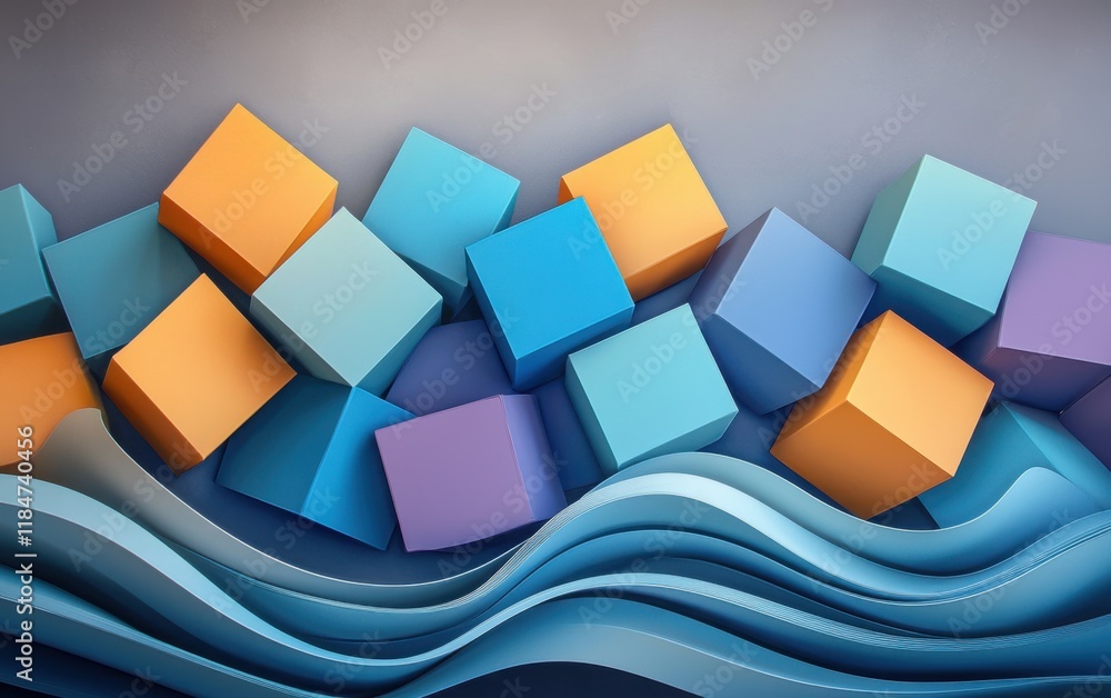Poster colorful 3d cubes of various sizes appearing to move in waves, with motion blur effects