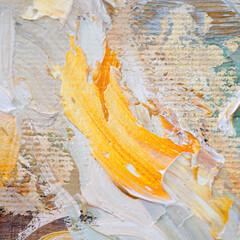 Embossed pasty oil paints and reliefs. Primary colors: ocher, white, red .  Abstract art.