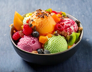 A bowl of assorted ice cream flavors topped with fresh fruit and sprinkles