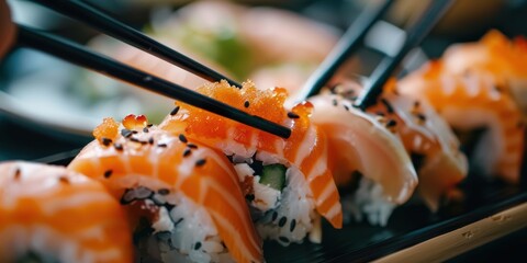 Japanese cuisine featuring sushi and seafood, served in a healthy cafe for lunch or dinner, with options for fine dining or takeaway on a beautifully arranged table