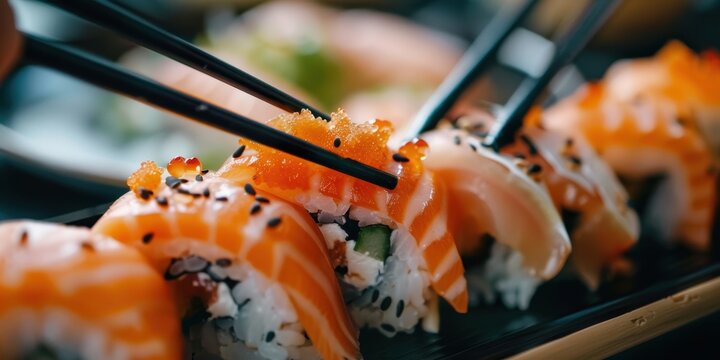 Japanese cuisine featuring sushi and seafood, served in a healthy cafe for lunch or dinner, with options for fine dining or takeaway on a beautifully arranged table