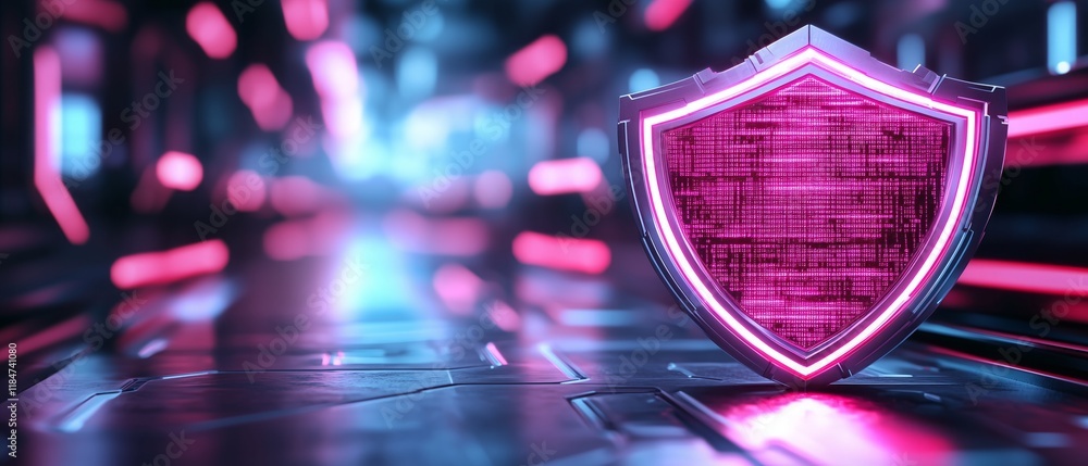 Poster a shield with binary code glowing pink and blue lighting, digital protection.