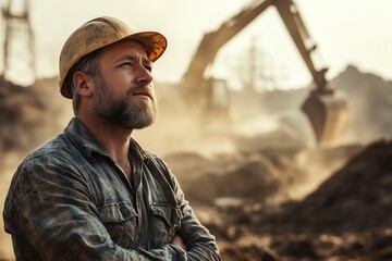 A Caucasian male excavator operator, and massive excavator at a construction site, outdoors, copy space.